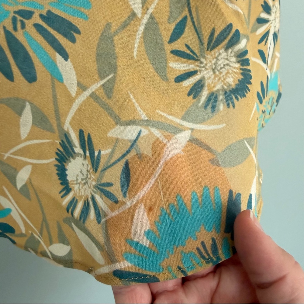 St. John Silk Teal Golden Yellow Floral Collarless Cap Sleeve Sheer Blouse Top - Picture 7 of 16